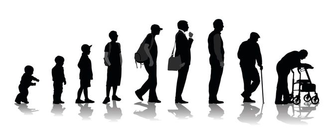 赤ん坊から老人になるまでの男性のシルエットを描いたイラスト