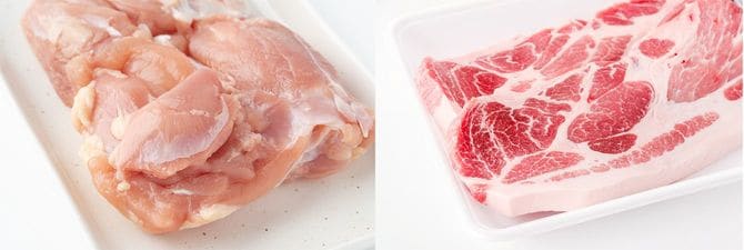 皿に盛られた生鶏もも肉、トレイに新鮮な豚肩ロース