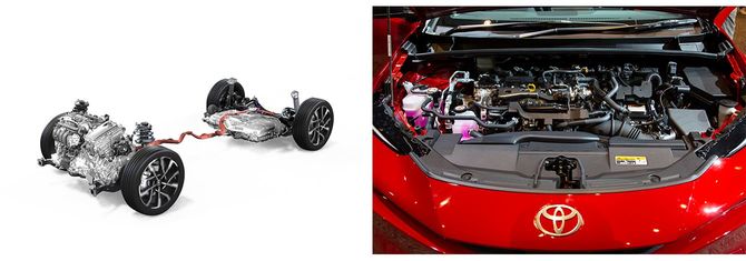 (左)プラグインハイブリッドシステム(2.0Lプロトタイプ)、(右)エンジンルーム