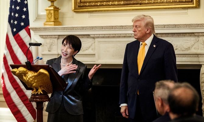 2026年3月19日、ドナルド・トランプ大統領と高市早苗首相が、ホワイトハウスのステート・ダイニングルームで演説