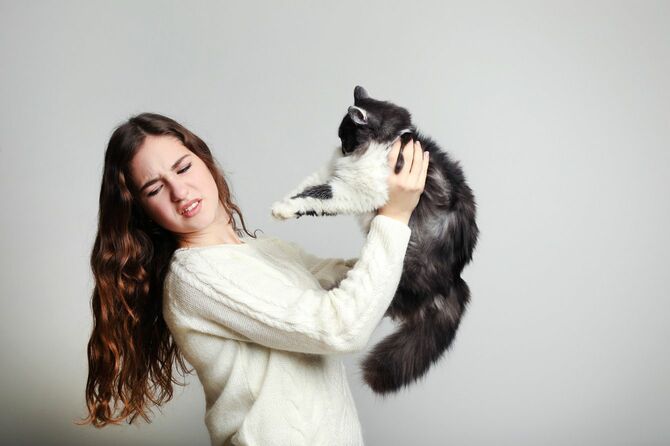 ネコを抱き上げて嫌がる女性