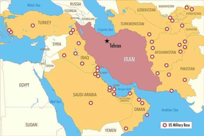 イラン周辺の米軍基地の地図