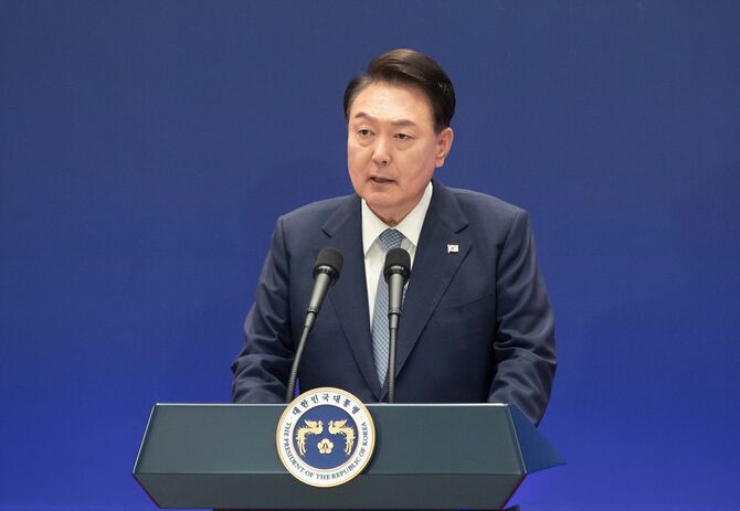 イベントで演説する韓国の尹錫烈大統領（2024年5月27日撮影）
