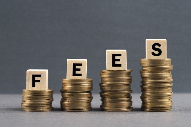 右肩上がりに増えるコインと、その上に「FEES」と描かれた木製ブロック