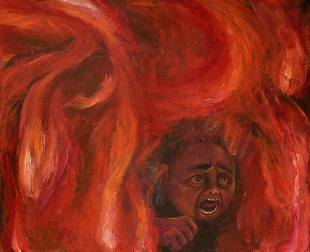 岡田さんの証言を基に高校生の岡島愛さんが描いた「炎の中で助けを求める女の子」