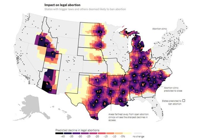 アメリカの中絶施設の分布。最高裁で中絶の権利が保証されなくなると、中絶規制を立法化している州の赤で示す施設が閉鎖に追い込まれる可能性がある（出典：NY Times）