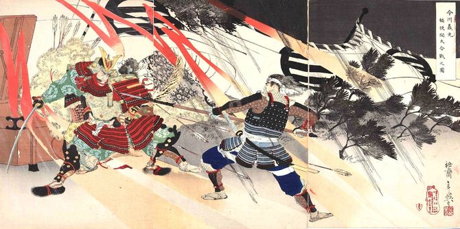 『今川義元桶狭間大合戦之図』今まさに槍に貫かれようとしている義元（左）