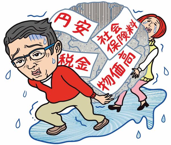 円安、税金、社会保障料、物価高の重荷を汗だくで運ぶ夫婦のイラスト