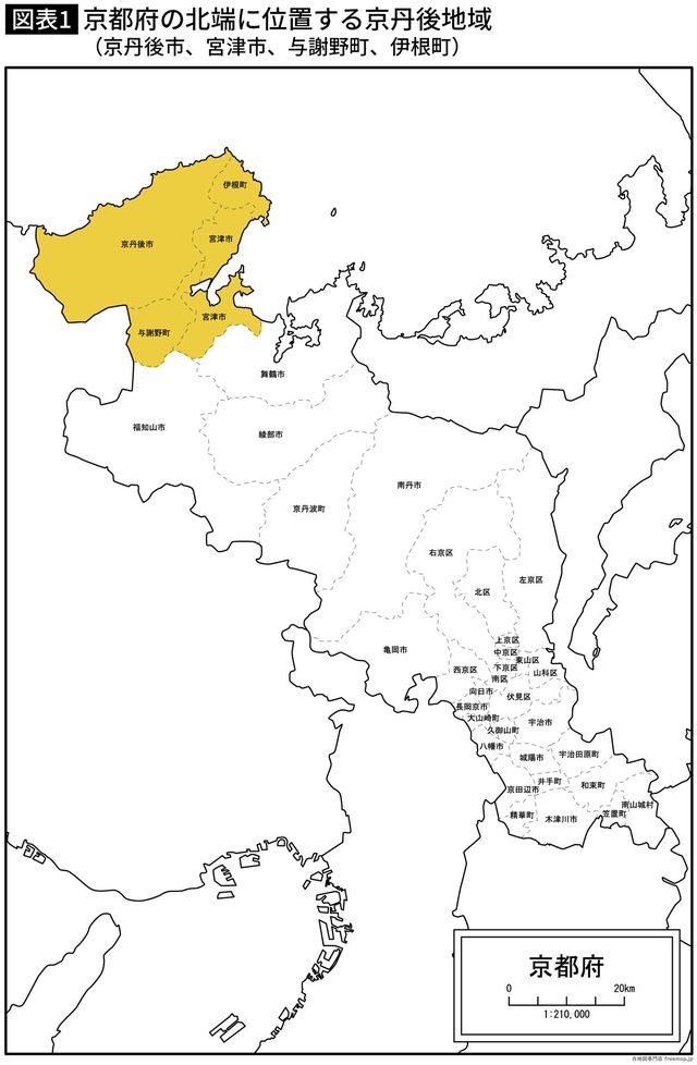 【地図】京都府の北端に位置する京丹後地域（京丹後市、宮津市、与謝野町、伊根町）