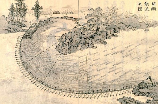『官材画譜』の別カット。川に綱を張り、木材をせき留める。国立国会図書館所蔵