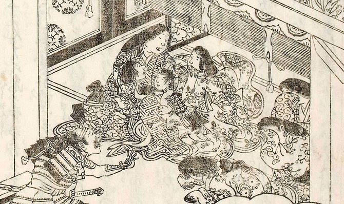 『絵本太閤記』のお市と三姉妹が別れを惜しんで抱擁し合う姿
