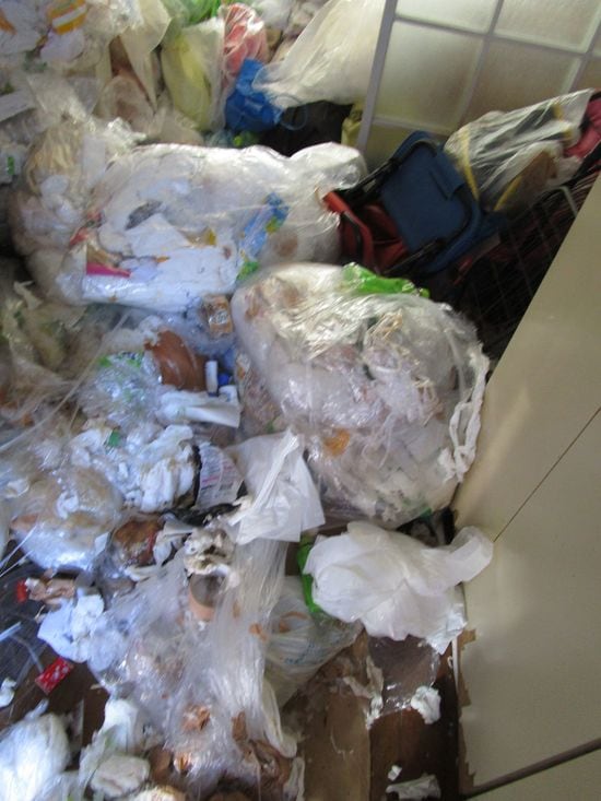 室内はゴミ袋の上にしか立てない状態