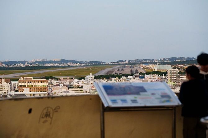 米軍普天間飛行場に駐機したオスプレイとそれを見ているカップル