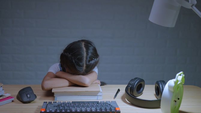 夜に自宅にラップトップを備えたオンラインホームスクーリング