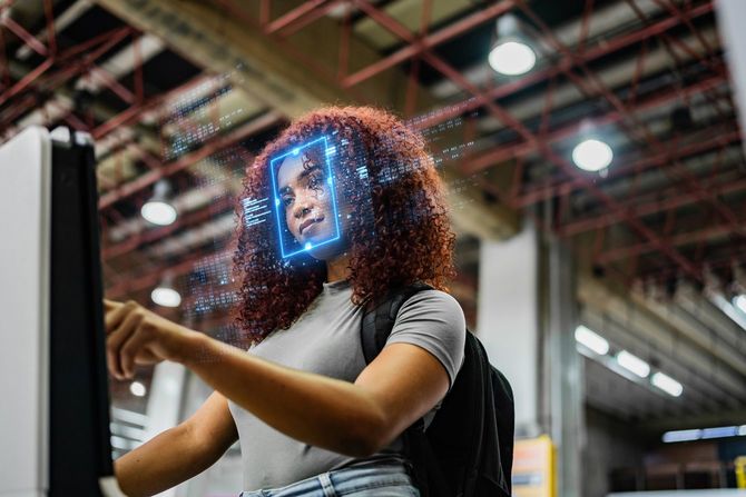 空港のチェックインで顔認識を受ける若い女性