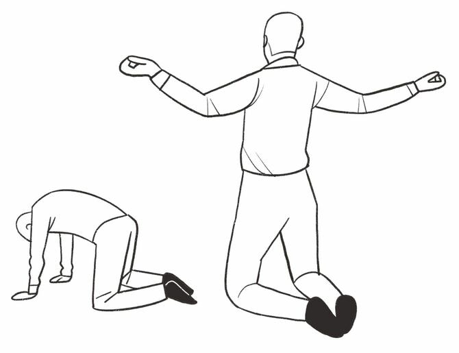 ふたつ目の「胸骨体操」のイラスト。体を外側に向かって開き、一気に脱力するのがポイント