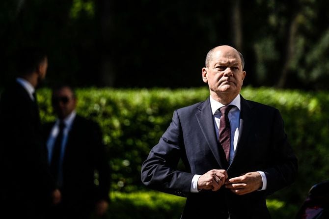 2023年4月19日、リスボンのサン・ベント宮殿でポルトガル首相との会談に臨むドイツのオラフ・ショルツ首相