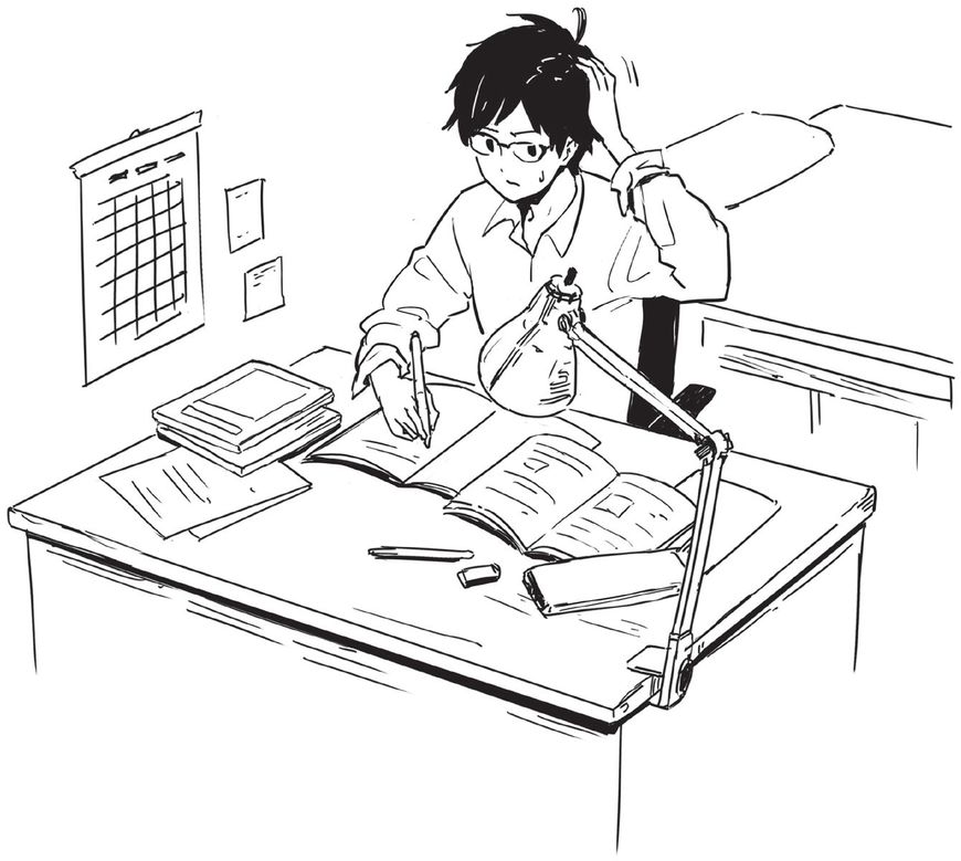 【イラスト】テーブルの上のノートを手に取り、パラパラと見返している