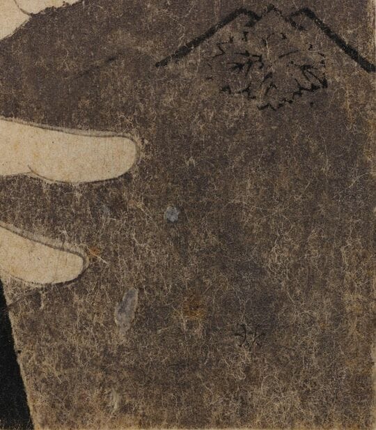 「三代目大谷鬼次の江戸兵衛」(部分)、版元である蔦屋の屋号が記されている