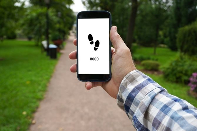 公園でスマートフォンで毎日の歩数カウンターをチェックする男性