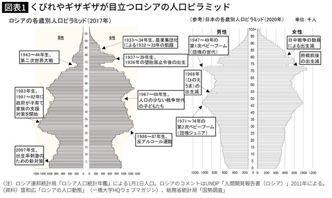 くびれやギザギザが目立つロシアの人口ピラミッド