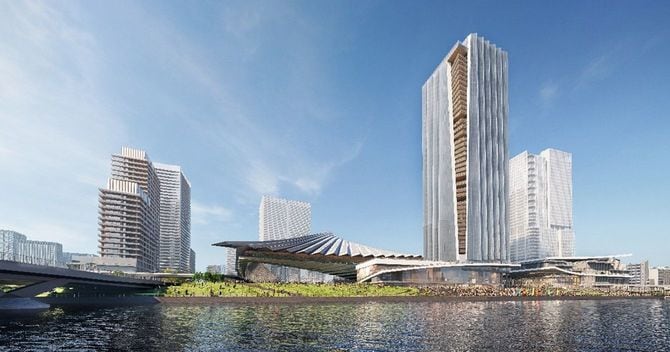 築地再開発のイメージパース。5万人収容スタジアムが予定されている。