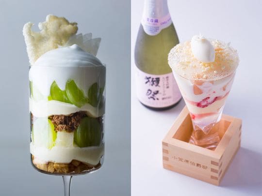 「獺祭のエスプーマが薫る、シャインマスカットと和梨のパフェ」と「蟠桃のパフェ 獺祭の香りを添えて」。