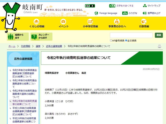 小島英雄元町長当選時の選挙結果