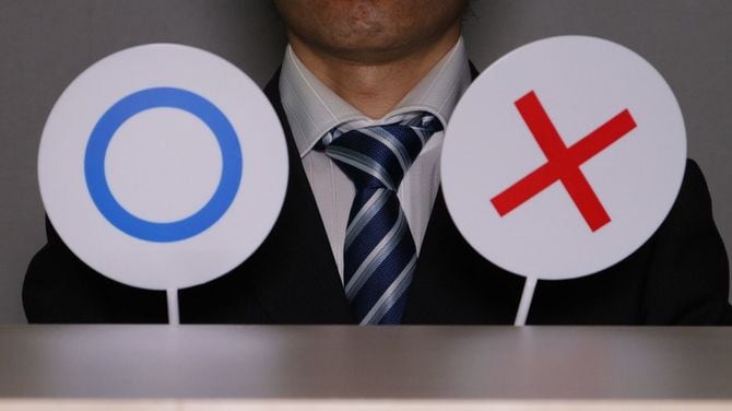 丸とバツの札を持つ人