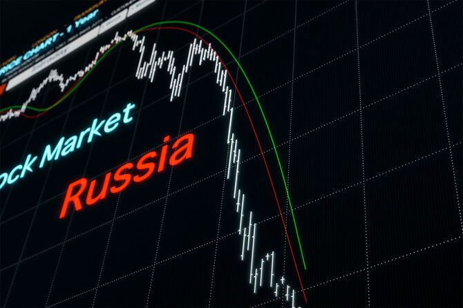 株式市場チャート。ロシア市場は、ウクライナの侵略とロシアに対する世界的な制裁のために崩壊します