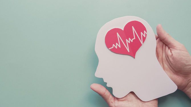 型紙で作られた脳に心電図の波形