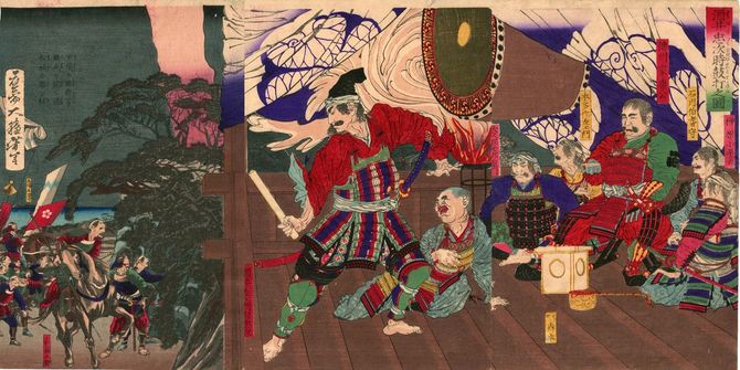三方ヶ原の戦いで大太鼓を叩く酒井忠次の錦絵『酒井忠次時鼓打之図』より