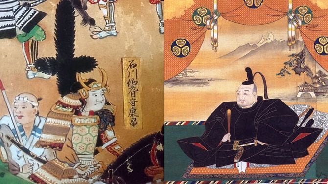 （左）『長篠合戦図屏風』（成瀬家本）より石川伯耆守康昌（数正）・（右）徳川家康肖像画〈伝 狩野探幽筆〉部分