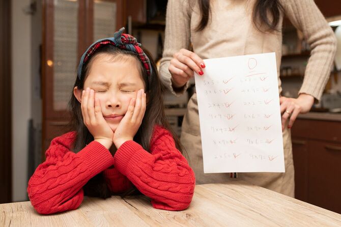 テストで悪い点を取った子ども叱る母親