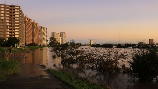 2019年10月13日に台風19号が大雨を伴った朝の多摩川下流域の風景