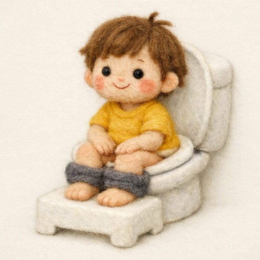 子どもの足の下に台をおくと、踏ん張りやすくなる。