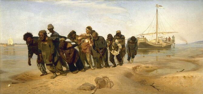 帝政ロシア末期の画家、イリヤ・レーピンによる『ヴォルガの舟曳き』。圧政に苦しみ虐げられる民衆の姿を描いた。