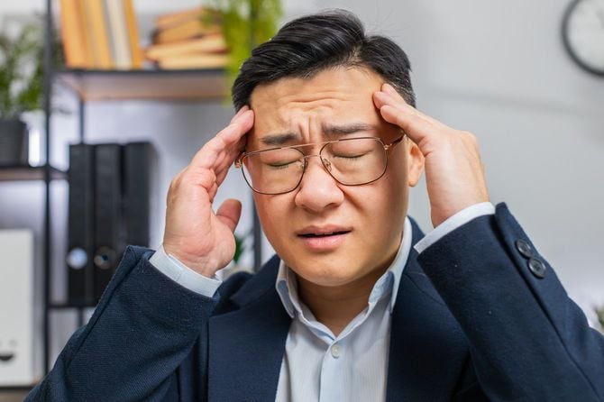 こめかみを押さえて悩むビジネスマン