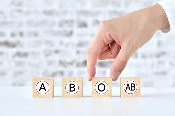 血液型アルファベットの木のブロックを拾う人間の手