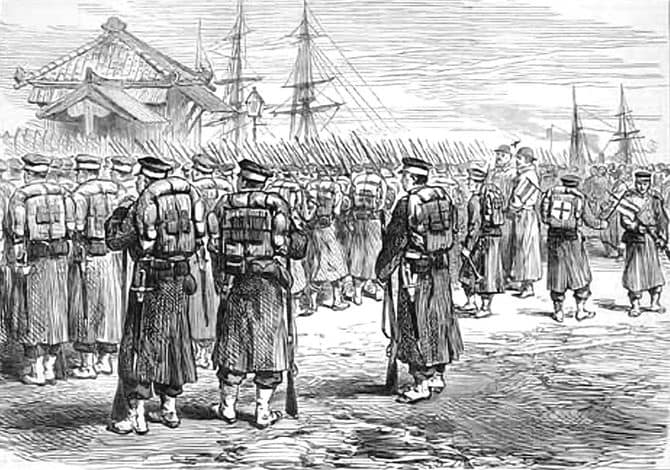 1877年、西南戦争鎮圧のため横浜から出航する帝国軍