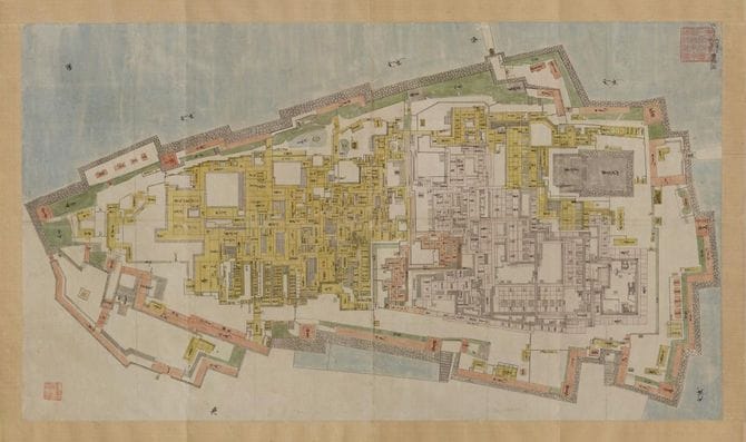 右側の白い部分が大奥で、左の黄色の部分は政務を司る場所だ（画像＝「江戸城御本丸御表御中奥御大奥総絵図」東京都立図書館蔵）