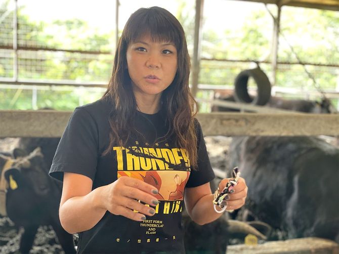 ゆいまーる牧場の金城美由紀さん。金城家の4姉妹の長女。石垣市内の高校の畜産科を出て、東京の大学で畜産を学び、23歳から牧場を取り仕切る＝2月15日、石垣市・ゆいまーる牧場