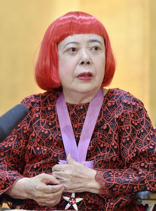 文化勲章の親授式を終え、記者会見する草間彌生氏=2016年11月、宮内庁