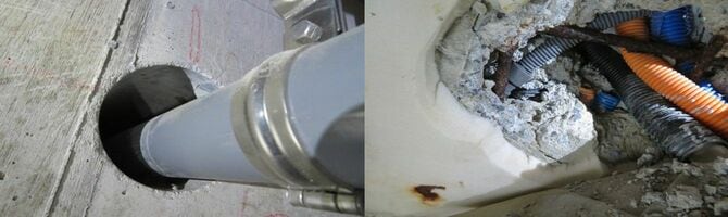 (写真左)地中梁の「コア抜き」によって配管が通されたが、穴の中の鉄筋が切断されてしまった/(写真右)複数の配管や鉄筋がこんがらがり、一部の配管が塞がれていた