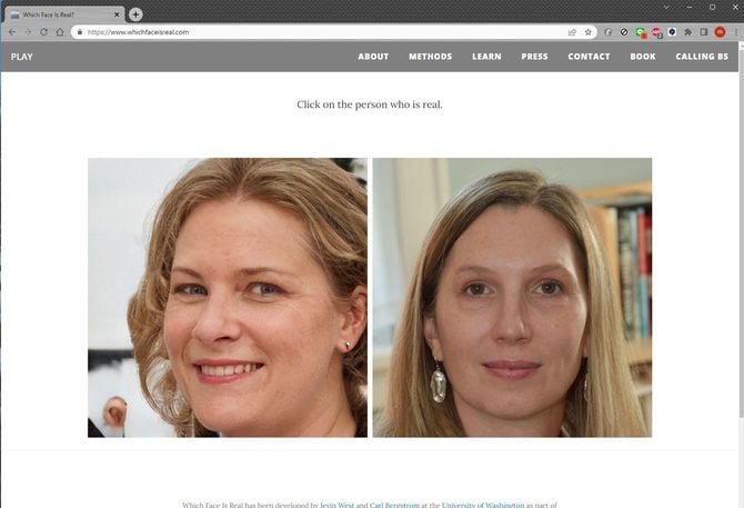 ワシントン大学の研究チームが作ったウェブサイト「どっちの顔が本物？」whichfaceisreal.comのスクリーンショット