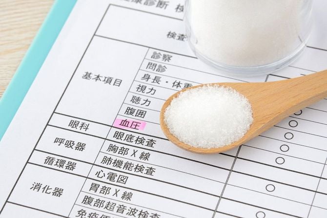 健康診断の書類と塩が盛られたスプーン