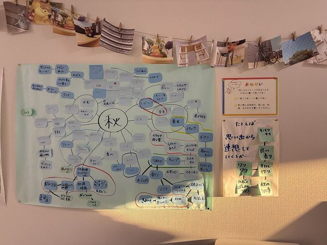 生徒の作品や生徒が参加して作成した掲示物が飾られる