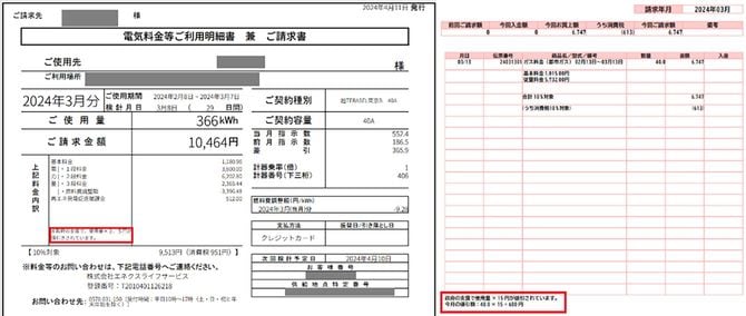 電気料金とガス料金請求書に、それぞれ政府の支援で値引きされていることが明記されている。電気は「使用料×3.5円」、ガスは「使用料×15円」。