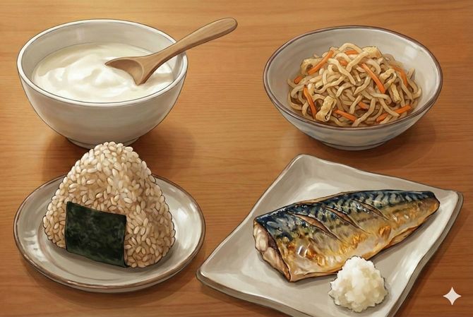 焼き魚+惣菜(切り干し大根orひじき)+もち麦おにぎり+豆乳ヨーグルト