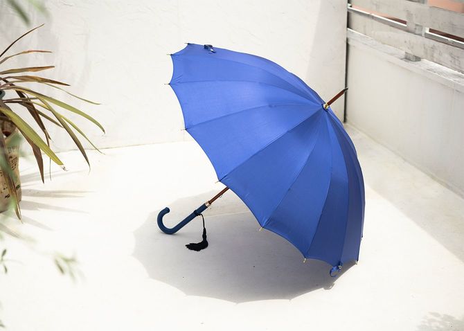 皇后様御用達の傘がこちら、その名も「ロイヤルブルー」。鮮やかなカラーリングと重厚感のあるレザーの手元が美しい。傘3万4100円／前原光榮商店